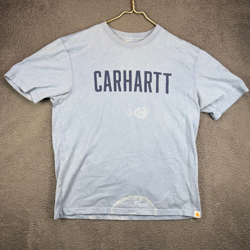 Carhartt Mens Loose Fit Graphic Logo T-Shirt Light Blue Large Distressed Stained
